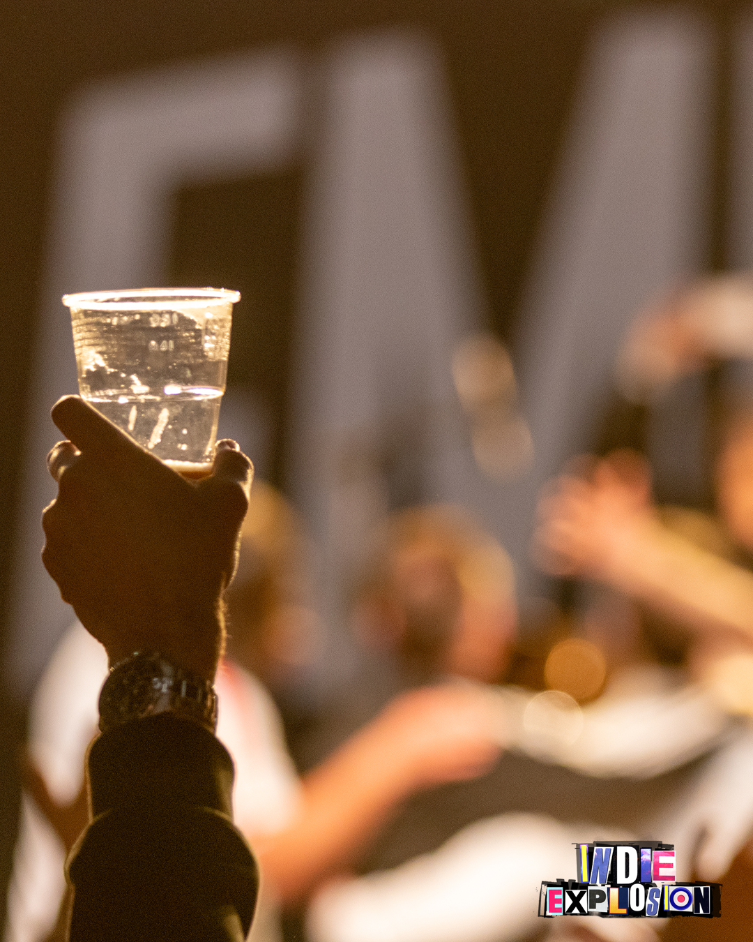 picture of the stage and crowd member with drink in the air